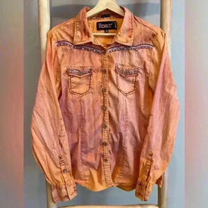 Roar signature stretch XL Western Rodeo Rhinestone embellished Button Down